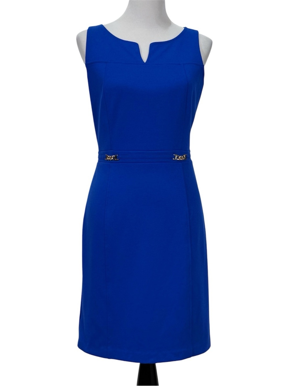 Ann Taylor Petite 8P Royal Blue Sheath Dress Gold Hardware Career Cocktail Midi - Picture 14 of 14